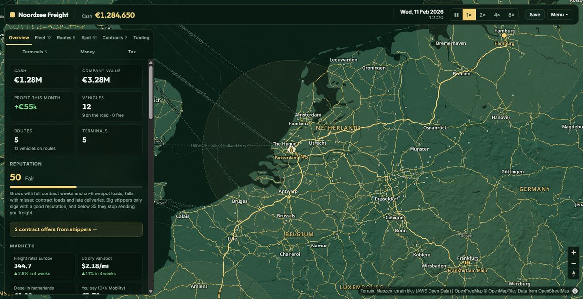 Transport Manager with a regional freight map, routes and company finances.